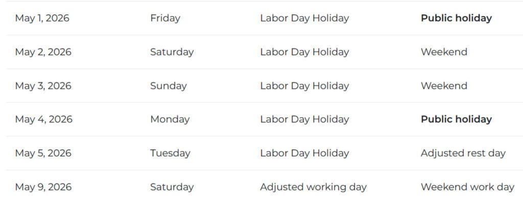 2026 May Day Holiday